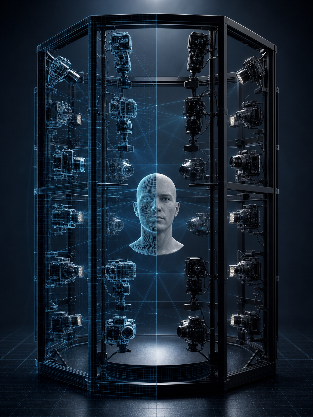 Digital twin capture rig with physical cameras and virtual wireframe overlay
