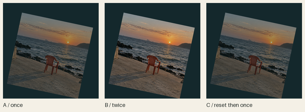 A · 한 번 합성 / B · 같은 화면에 두 번 합성 / C · 새 화면에서 다시 한 번 합성
