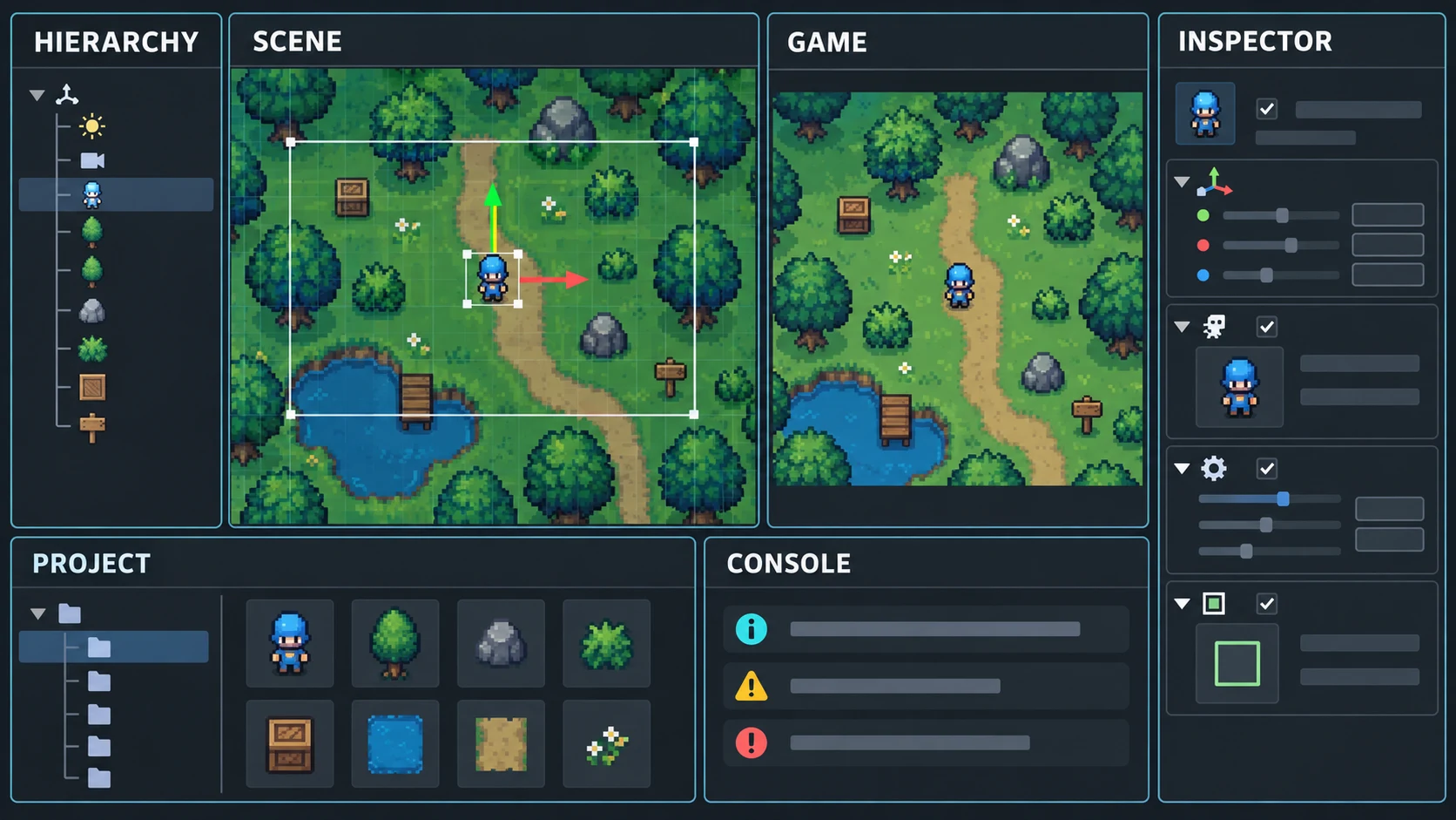 왼쪽의 Hierarchy, 중앙의 Scene과 Game, 오른쪽의 Inspector, 아래쪽의 Project와 Console로 구성된 Unity Editor 교육용 레이아웃