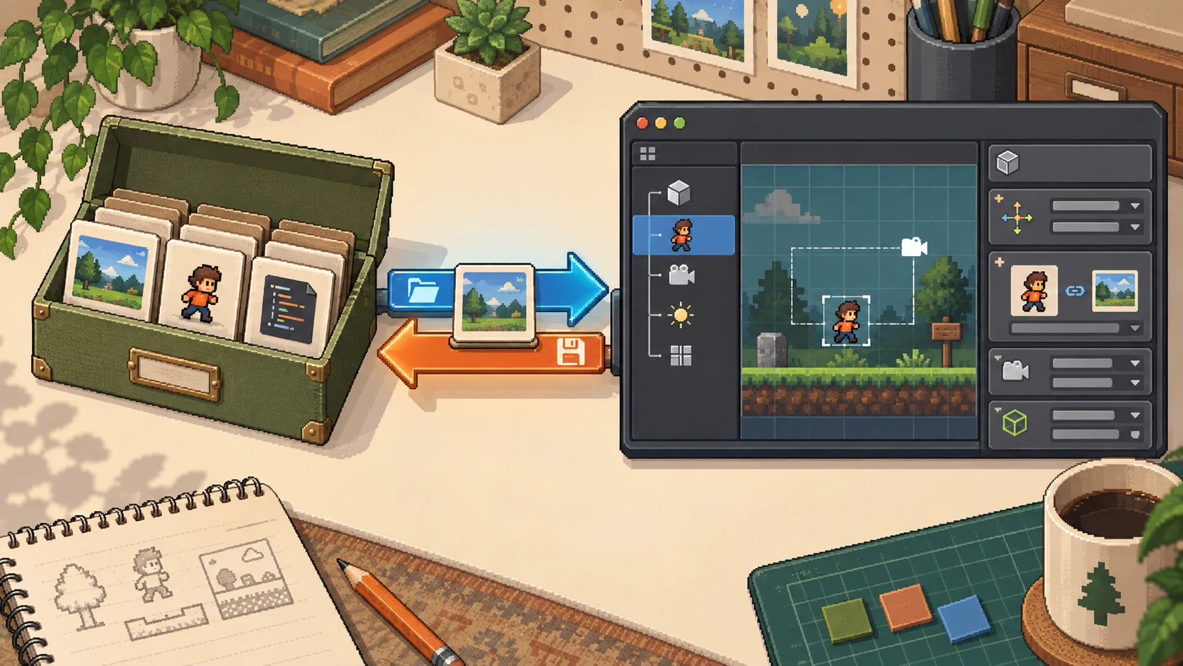 왼쪽 로컬 프로젝트 보관함의 Scene, Sprite, Script Asset이 열기와 저장 화살표를 통해 오른쪽 Editor의 Scene, Hierarchy, Inspector 구조와 연결된 픽셀 아트 개념도