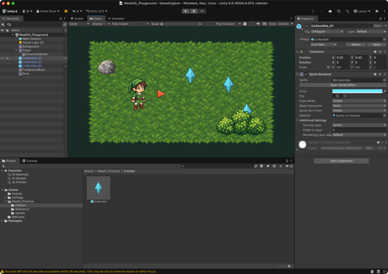 Collectible_01을 선택한 Unity Editor 화면. Inspector 상단에 Prefab 항목으로 Collectible과 Overrides, Select, Open 버튼이 있고, Sprite Renderer의 Color는 하늘색입니다. Project 창의 Prefabs 폴더에 Collectible Prefab Asset이 있으며, Game 뷰의 Collectible 세 개가 모두 같은 하늘색입니다.