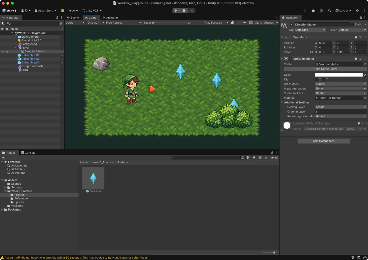 Hierarchy에서 Player 아래에 들여쓰기된 DirectionMarker를 선택한 Unity Editor 화면. Inspector의 Transform에 Position 0.65, 0, 0과 Scale 0.35, 0.35, 1이 있고, Sprite Renderer의 Sorting Layer는 Actors, Order in Layer는 1입니다. Game 뷰에는 Player 오른쪽에 주황색 삼각형이 보입니다.