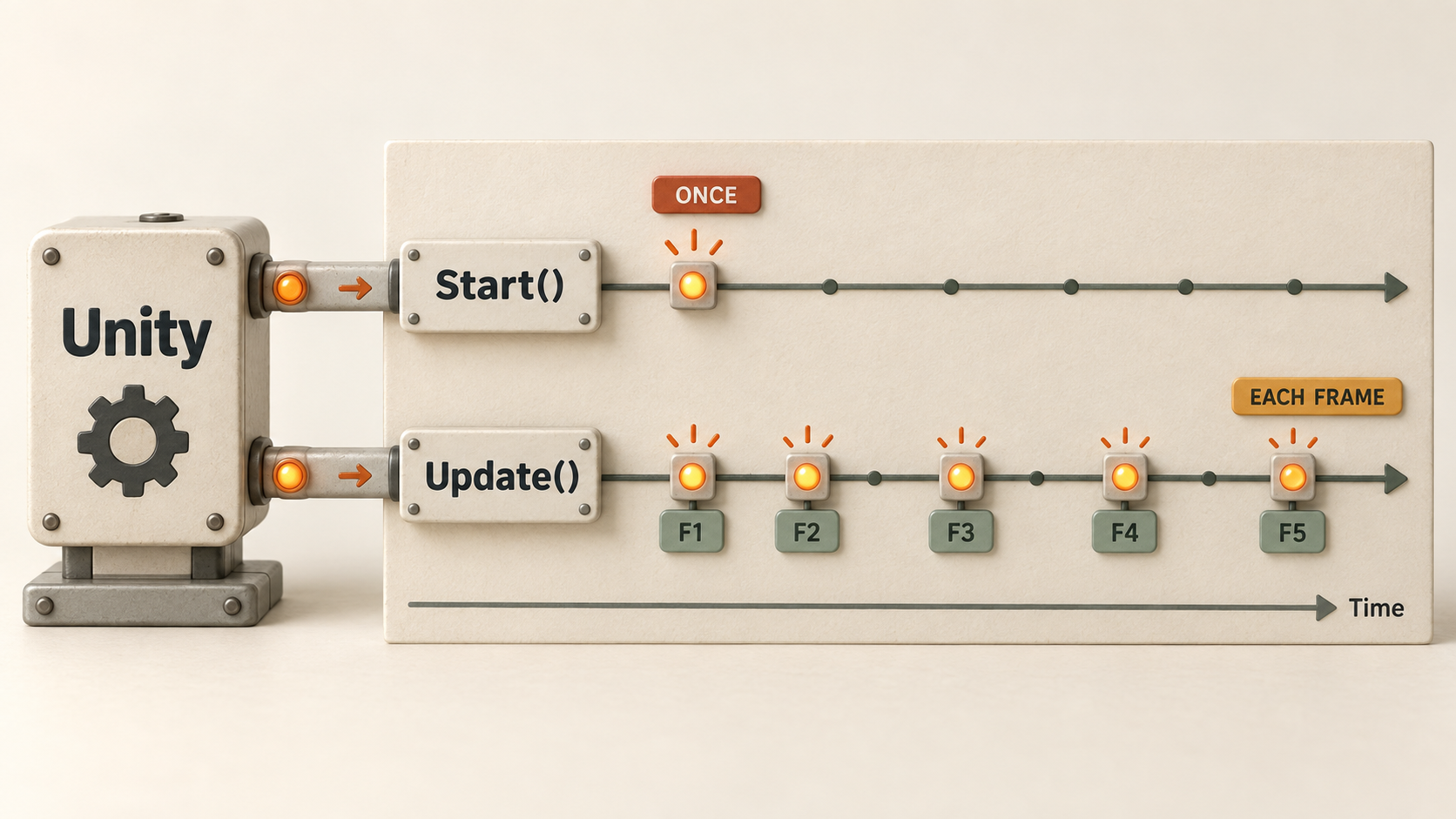 Unity 신호 장치가 Start에는 시작 신호 한 번을, Update에는 F1부터 F5까지 프레임마다 신호를 보내는 두 줄의 시간선