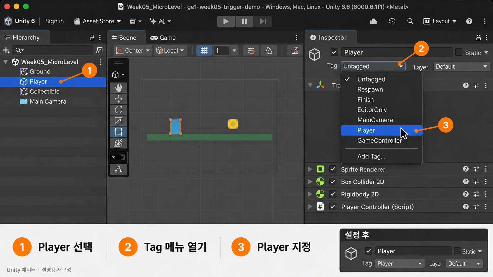 Unity 에디터 설명 이미지. 1번은 Hierarchy에서 선택한 Player, 2번은 Inspector 이름 아래의 Tag 드롭다운, 3번은 펼친 목록의 Player 항목을 가리킵니다. 오른쪽 아래에는 설정 후 Tag가 Player로 바뀐 모습이 보입니다.