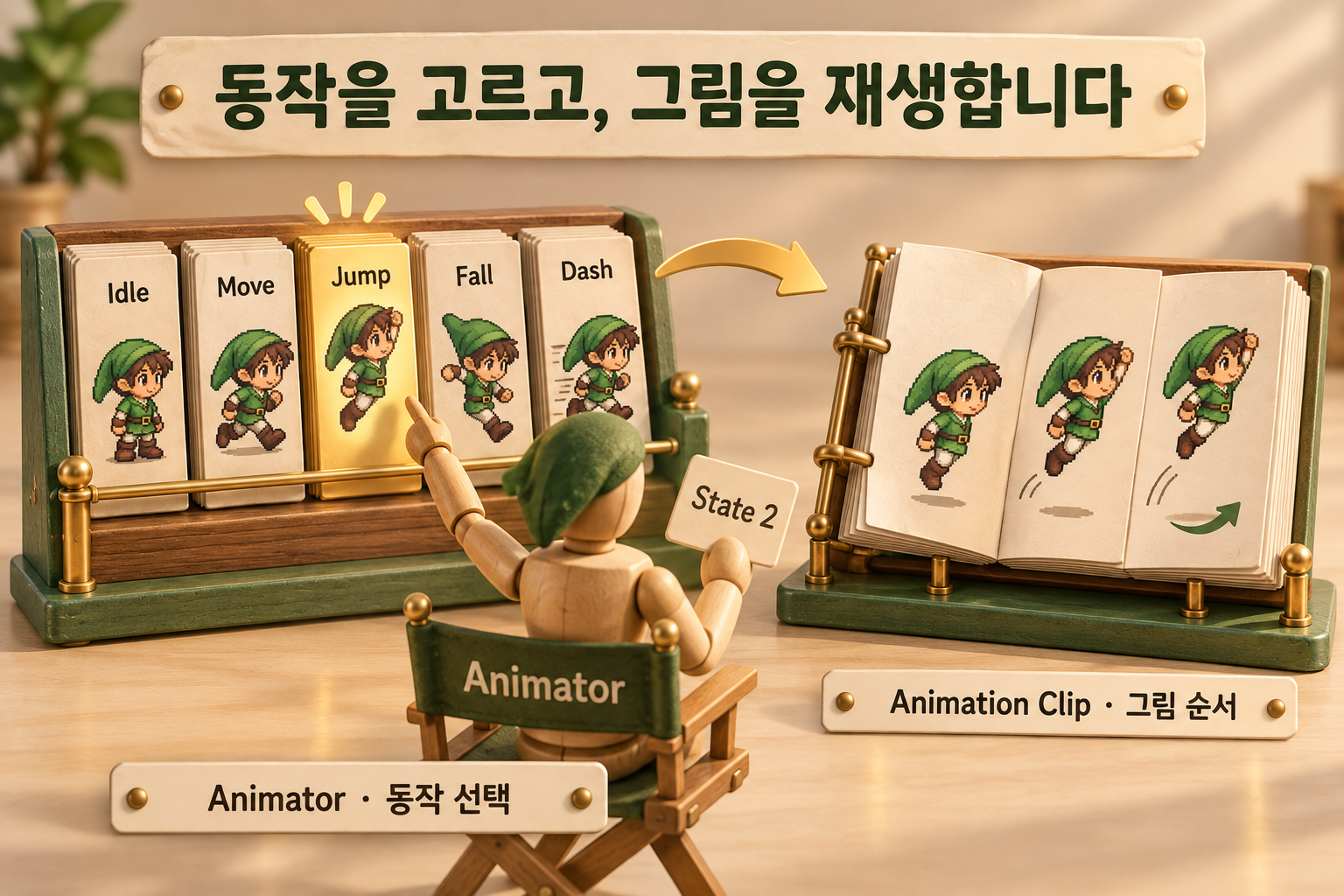 State 2 팻말을 든 감독이 Idle·Move·Jump·Fall·Dash 책 중 Jump를 선택합니다. 오른쪽에는 선택한 책의 점프 그림들이 순서대로 펼쳐져 있습니다.