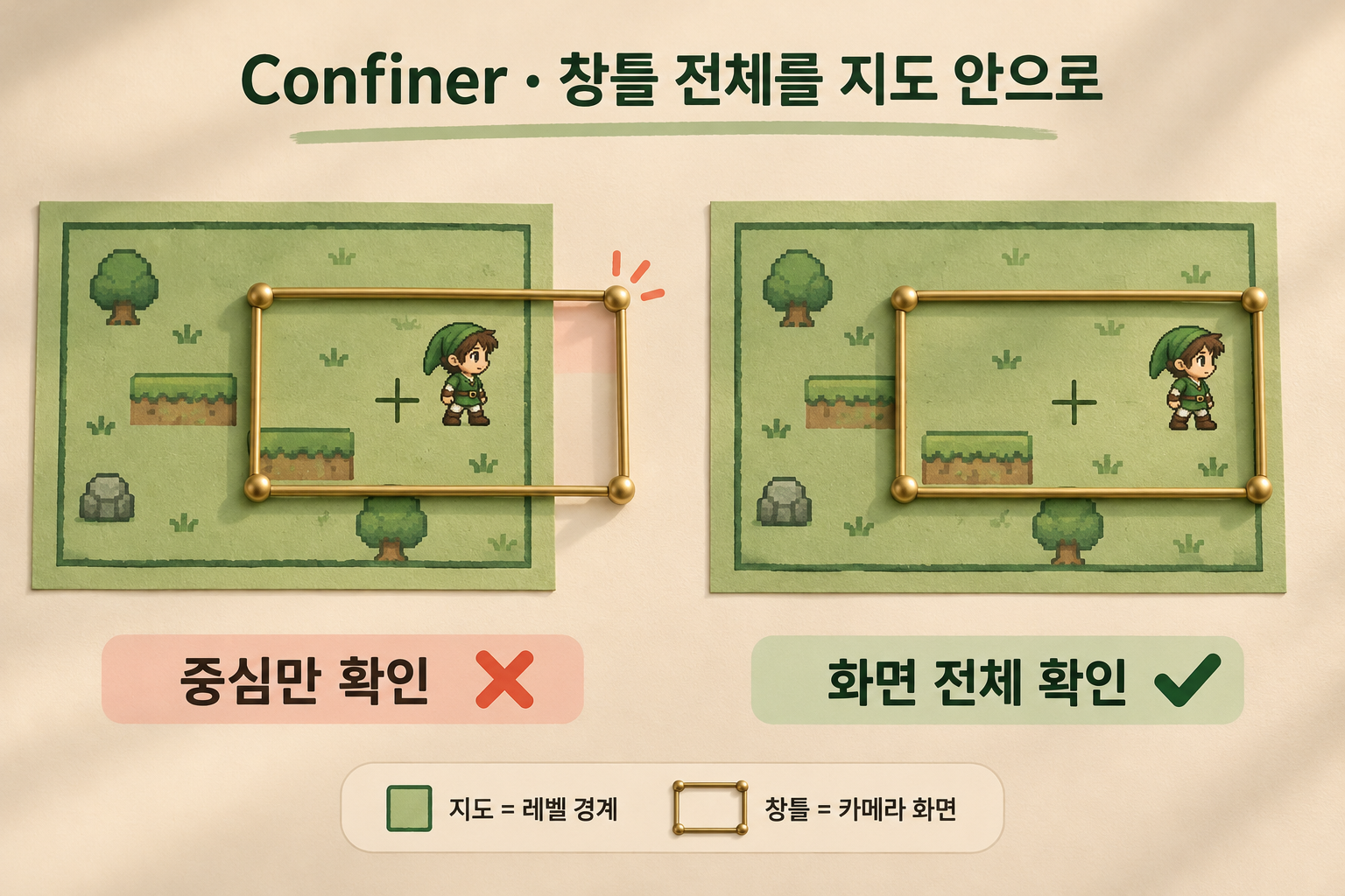 왼쪽은 창틀의 중심이 지도 안에 있지만 오른쪽 가장자리가 지도 밖 빈 공간을 보여 줍니다. 오른쪽은 창틀 전체를 지도 안에 넣어 빈 공간이 보이지 않습니다.