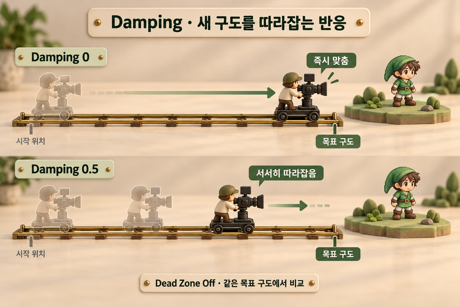 같은 목표 위치를 향하는 레일 위 카메라 두 대를 비교합니다. Damping 0인 위쪽 카메라는 목표에 도달했고, Damping 0.5인 아래쪽 카메라는 이전 위치에서 목표 쪽으로 계속 따라가고 있습니다.
