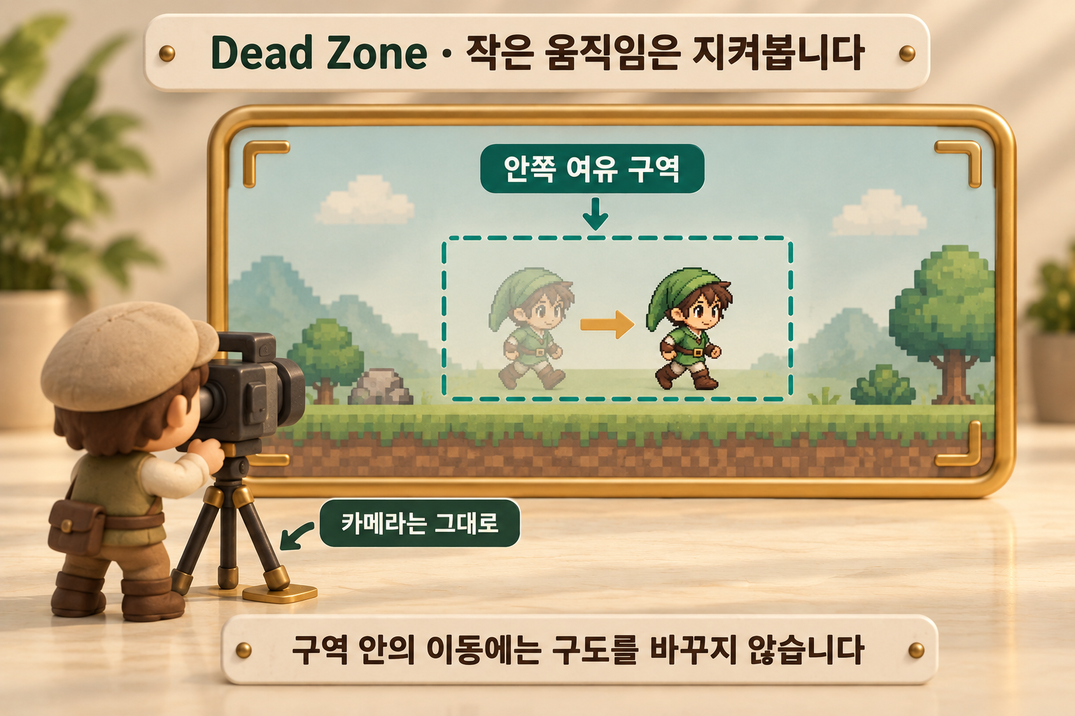 캐릭터가 점선으로 표시한 중앙 여유 구역 안에서 조금 이동하는 동안, 삼각대 위 카메라와 바깥 화면 틀은 같은 자리에 머뭅니다.