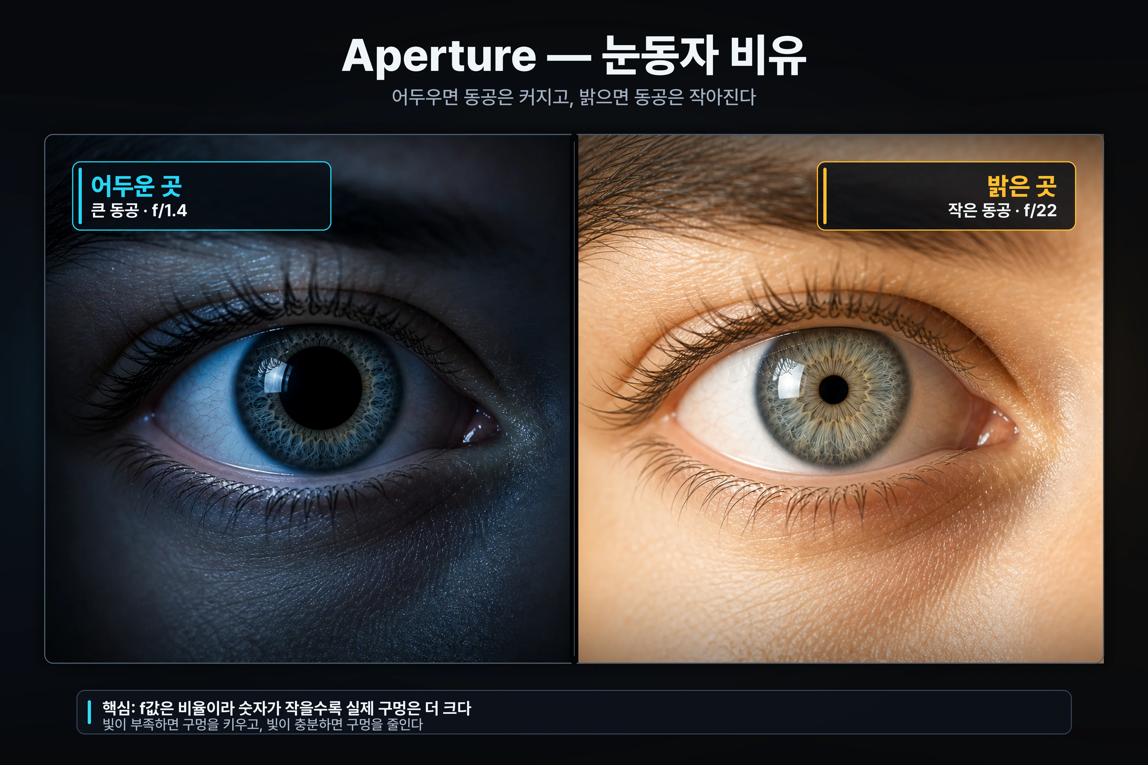 사람 눈동자 비유 — 어두운 곳 동공 큼(f/1.4) vs 밝은 곳 동공 작음(f/22)